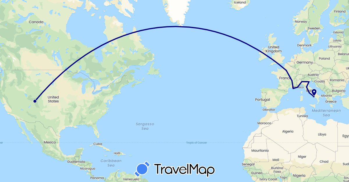 TravelMap itinerary: driving in France, Italy, United States (Europe, North America)